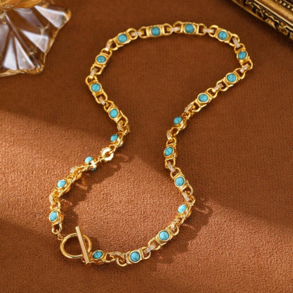 14K Gold Womens 15" Natural Turquoise Gemstone Anchor Necklace Ladies Jewelry